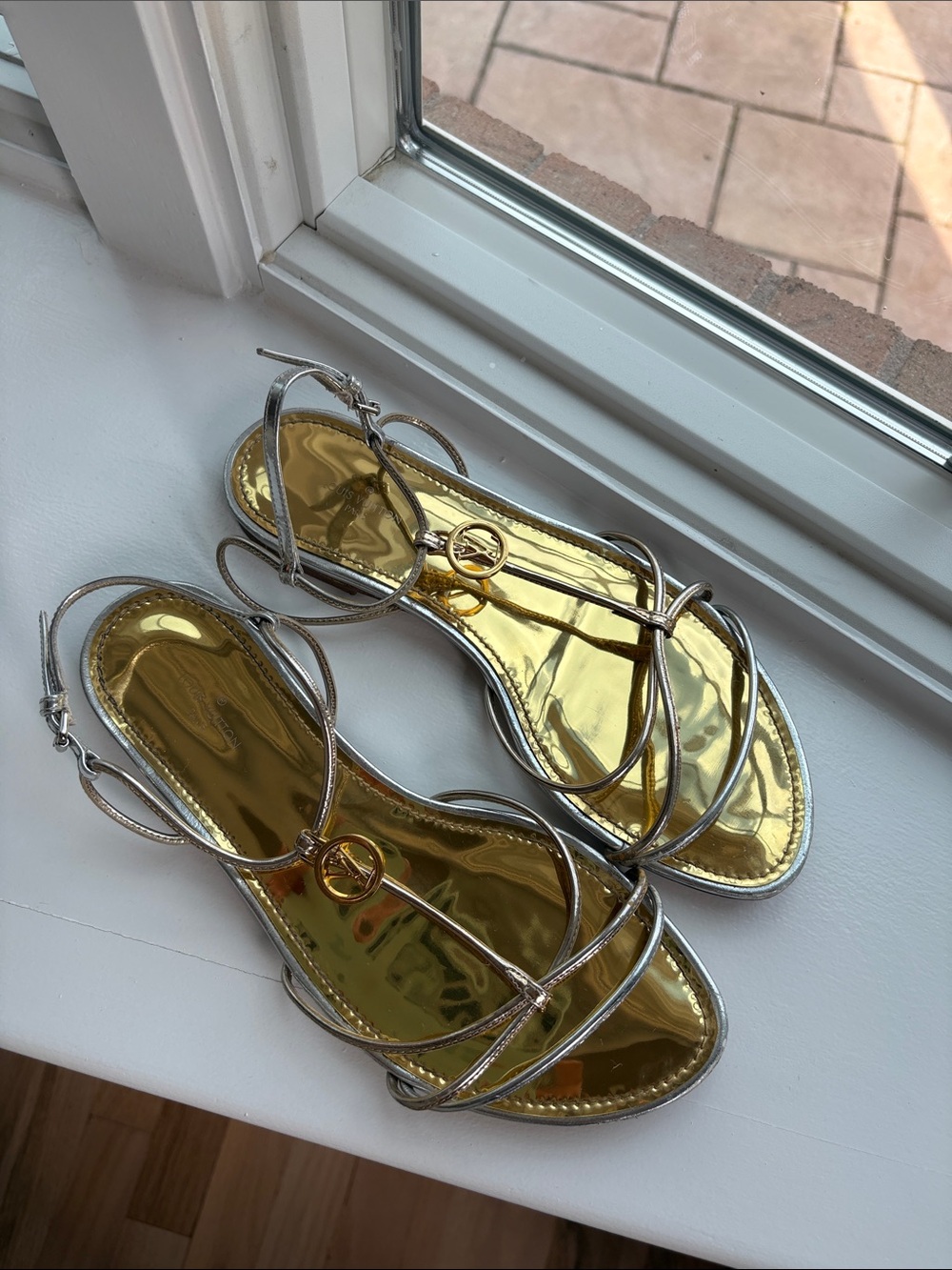 Louis Vuitton Gold Insole Silver Strap Strappy Sandals